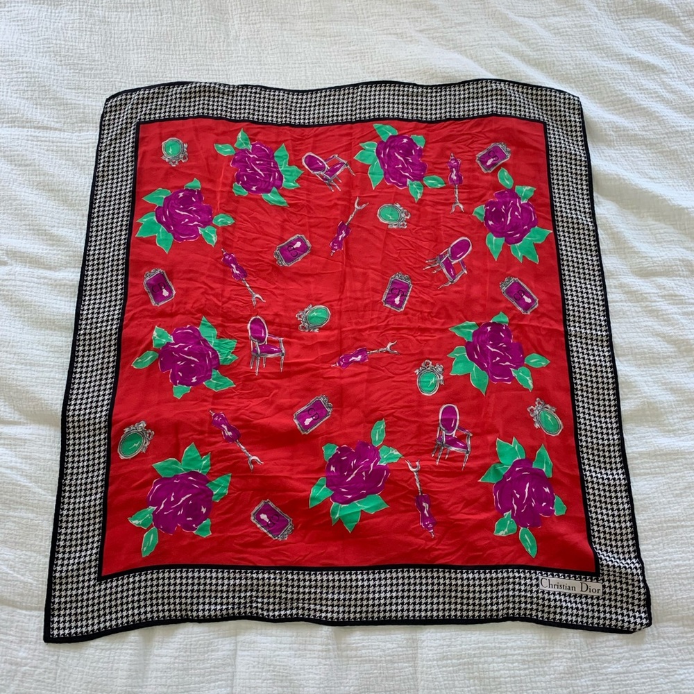 Christian Dior Silk Scarf with Houndstooth and Red Background 32x32